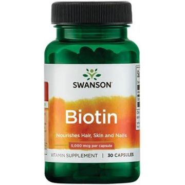 Biotin, 5000 mcg, Vitamina B7, 5 mg, 30 capsule, Swanson